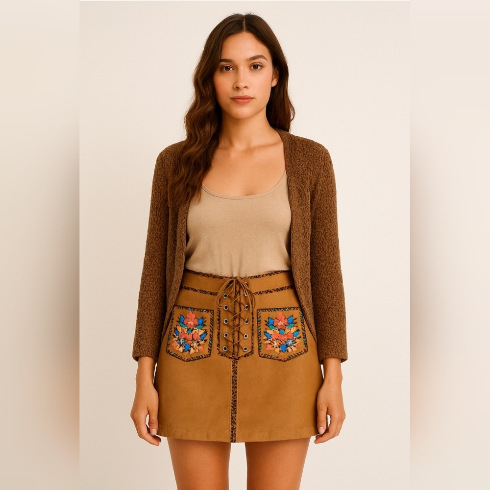 NWOT Rare Find⭐ MIUMIU Leather Designer Floral Bohowestern Mini Skirt Size 38/6